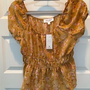 Pink Rose Mustard Floral Peplum Blouse NWT